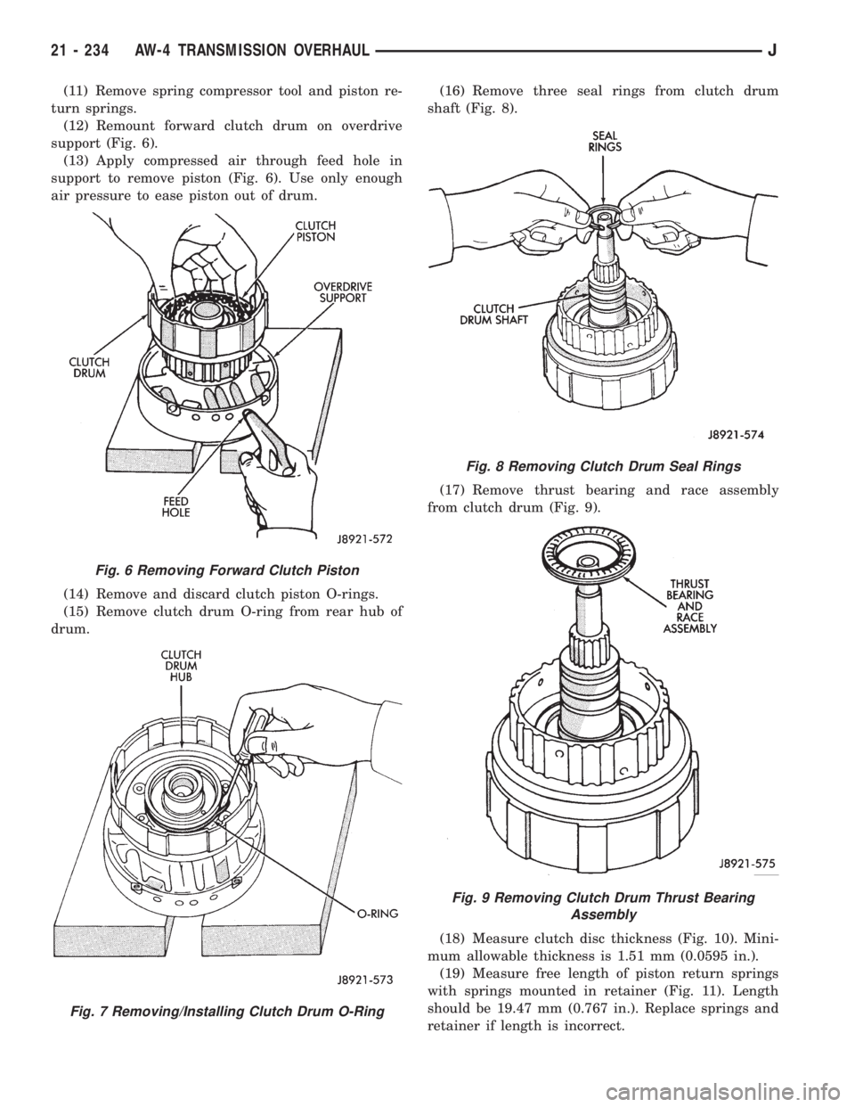 JEEP WRANGLER 1995  Owners Manual Fig. 7 Removing/Installing Clutch Drum O-Ring
Fig. 8 Removing Clutch Drum Seal Rings
Fig. 9 Removing Clutch Drum Thrust Bearing
Assembly
21 - 234 AW-4 TRANSMISSION OVERHAULJ 