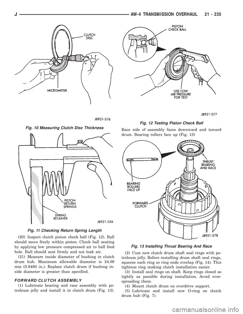 JEEP WRANGLER 1995  Owners Manual Fig. 11 Checking Return Spring Length
Fig. 12 Testing Piston Check Ball
Fig. 13 Installing Thrust Bearing And Race
JAW-4 TRANSMISSION OVERHAUL 21 - 235 