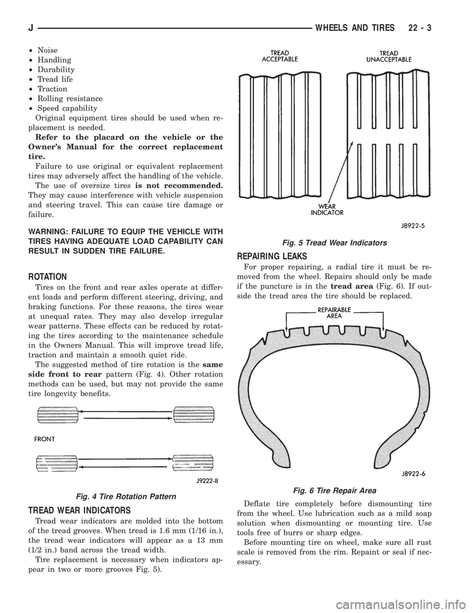 JEEP WRANGLER 1995 Owners Manual Fig. 5 Tread Wear Indicators
Fig. 6 Tire Repair Area
JWHEELS AND TIRES 22 - 3 JEEP WRANGLER 1995 Owners Manual Fig. 5 Tread Wear Indicators
Fig. 6 Tire Repair Area
JWHEELS AND TIRES 22 - 3