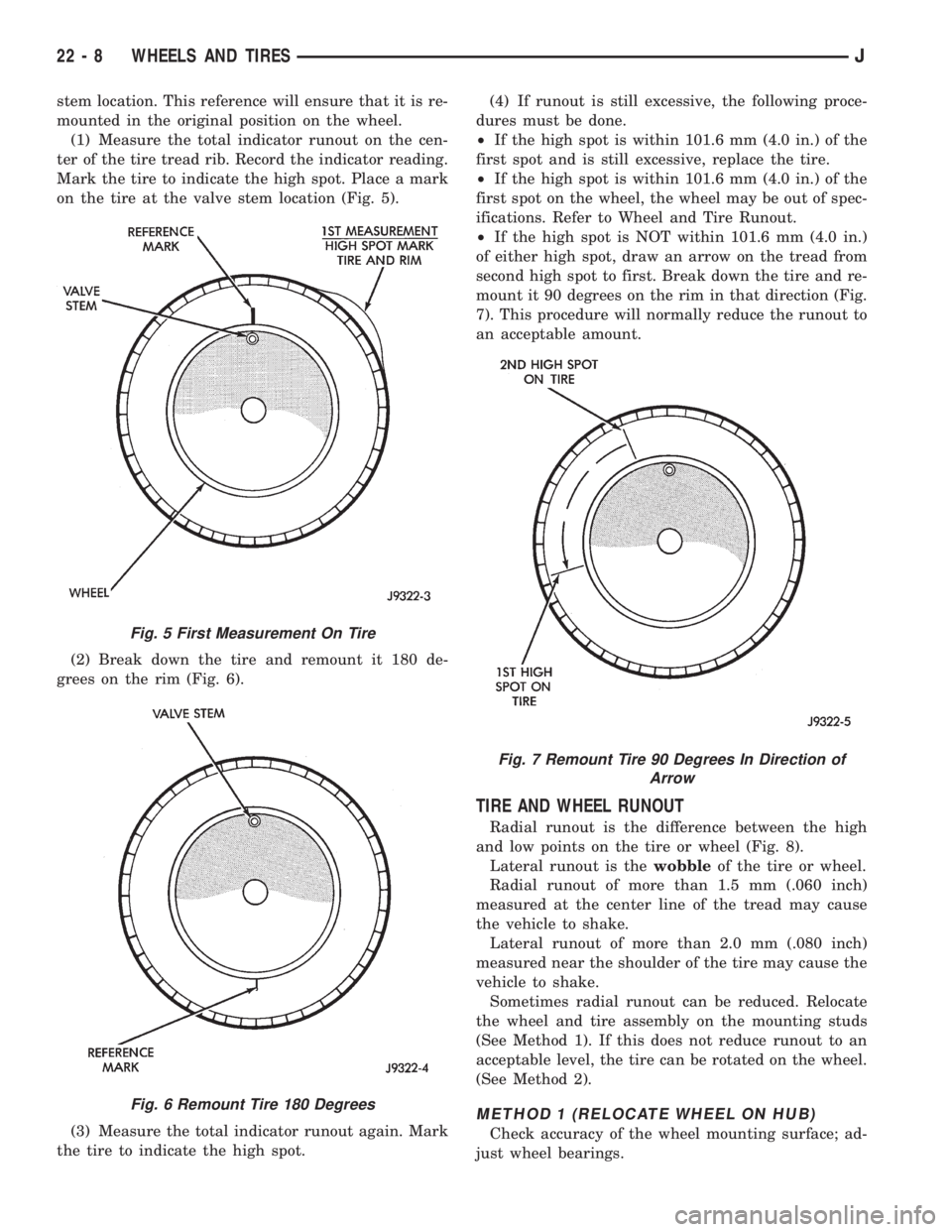 JEEP WRANGLER 1995  Owners Manual Fig. 6 Remount Tire 180 Degrees
Fig. 7 Remount Tire 90 Degrees In Direction of
Arrow
22 - 8 WHEELS AND TIRESJ 