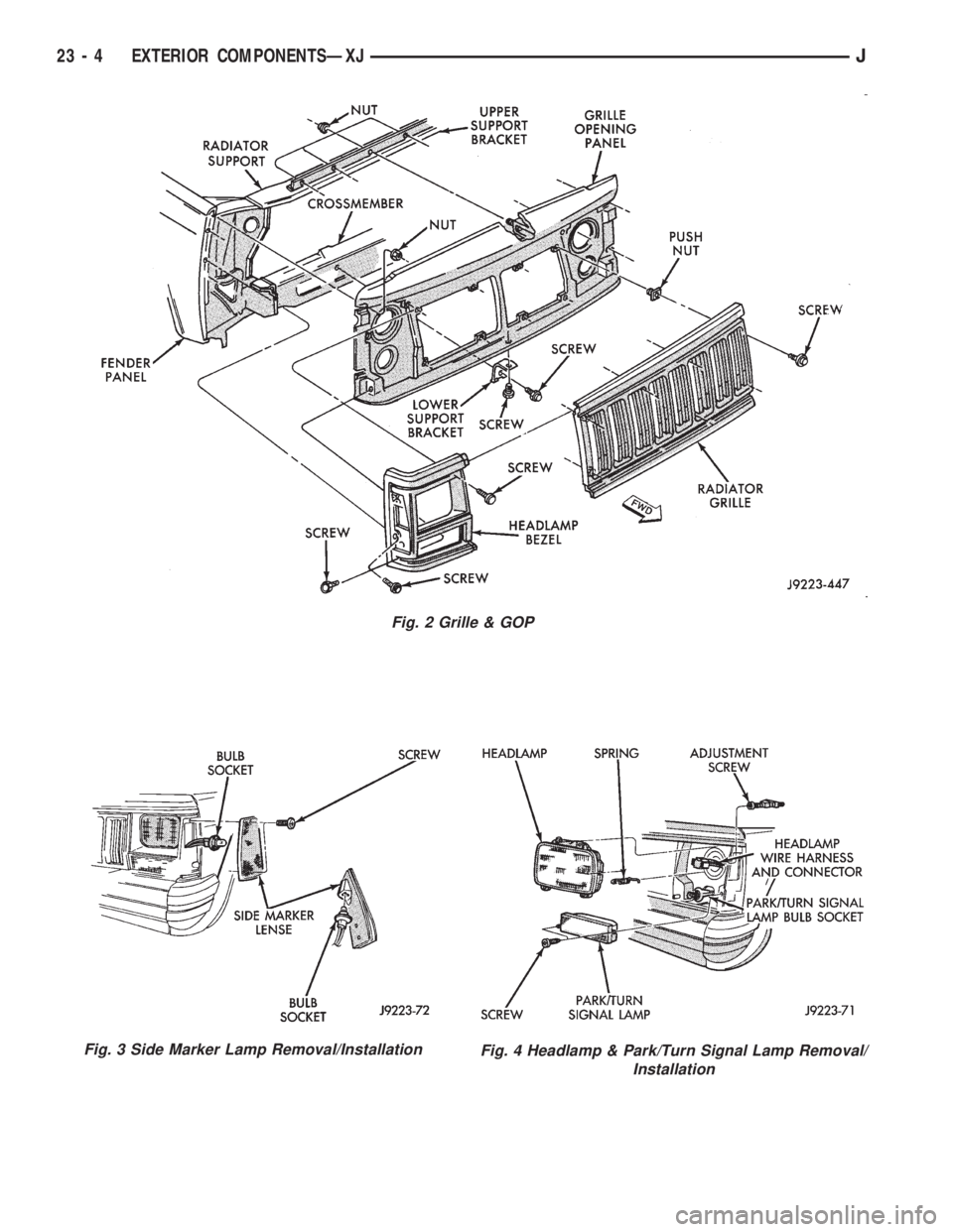 JEEP WRANGLER 1995 Owners Manual Fig. 3 Side Marker Lamp Removal/InstallationFig. 4 Headlamp & Park/Turn Signal Lamp Removal/
Installation
23 - 4 EXTERIOR COMPONENTSÐXJJ 
