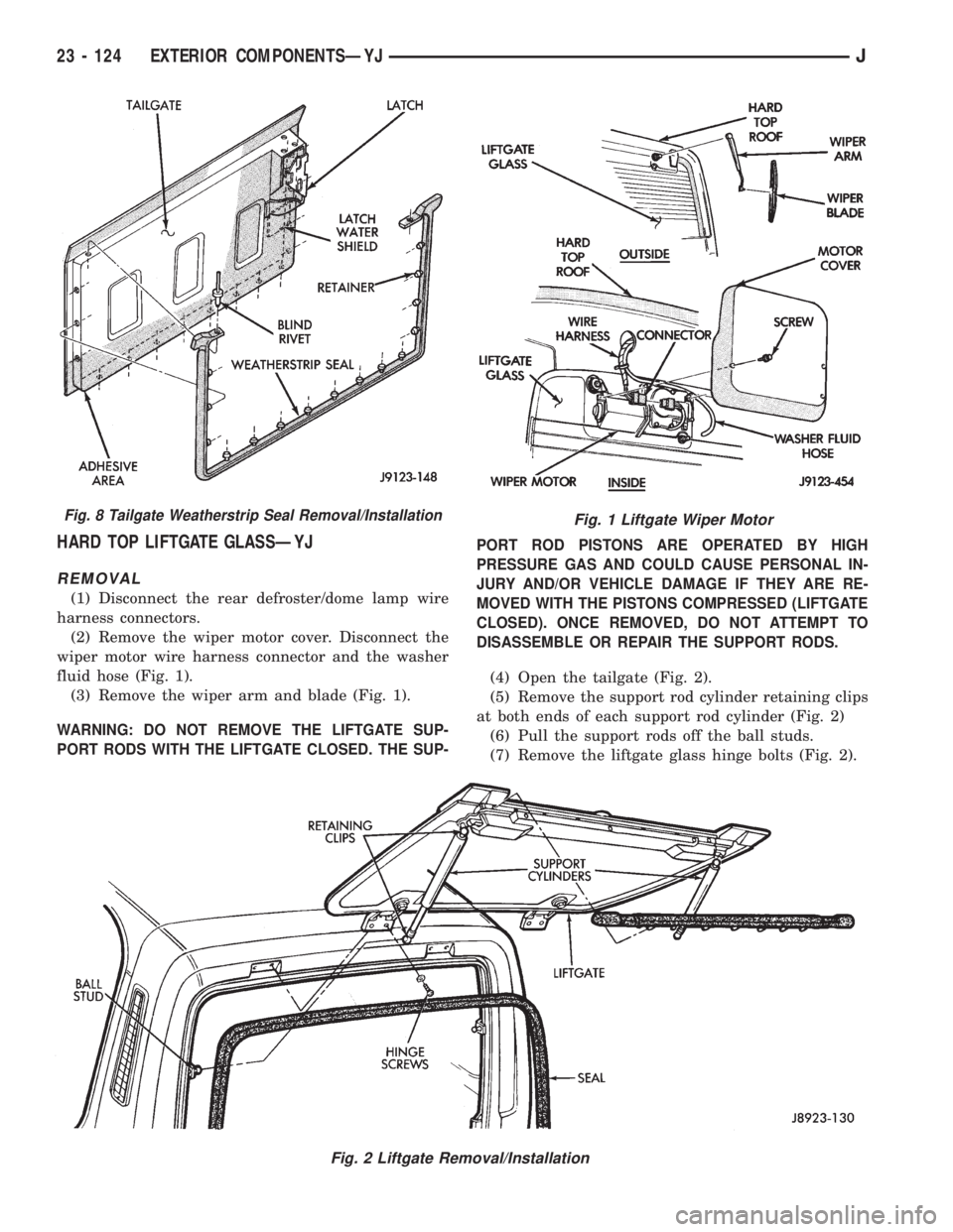 JEEP WRANGLER 1995  Owners Manual Fig. 2 Liftgate Removal/Installation
Fig. 8 Tailgate Weatherstrip Seal Removal/Installation
23 - 124 EXTERIOR COMPONENTSÐYJJ 
