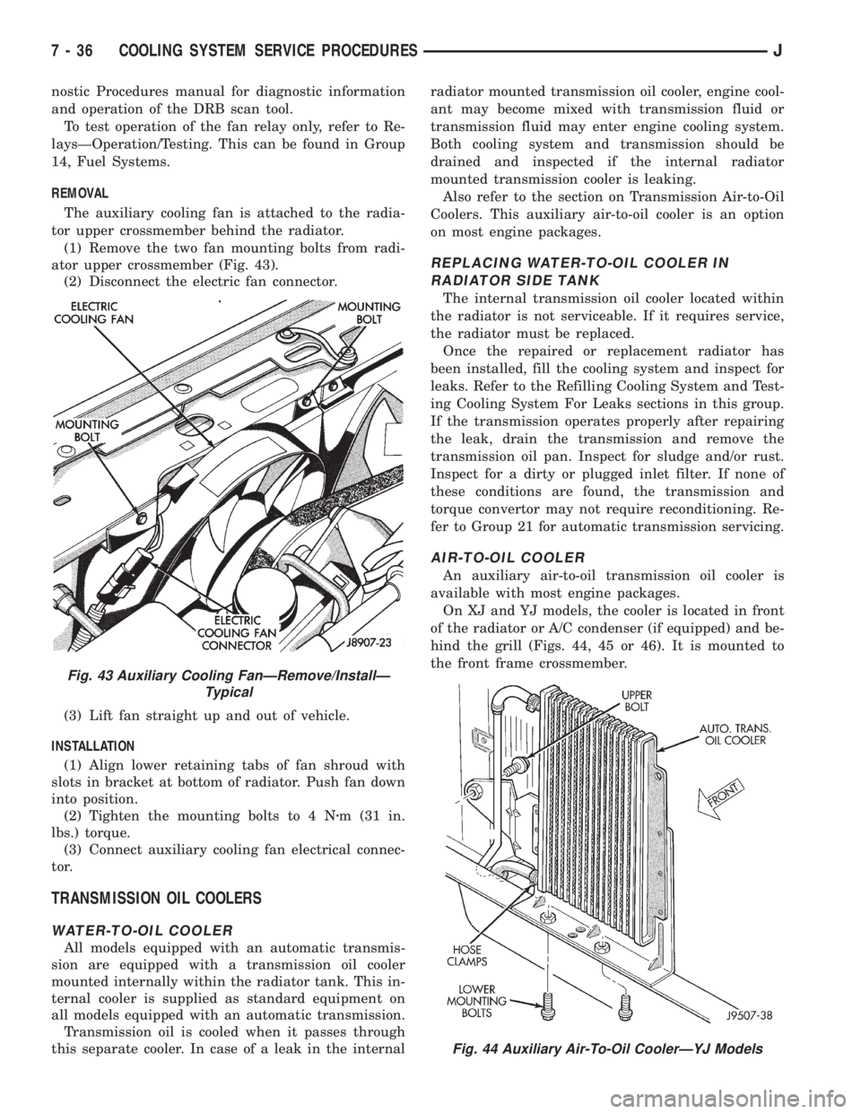 JEEP WRANGLER 1995 Owners Manual Fig. 44 Auxiliary Air-To-Oil CoolerÐYJ Models
7 - 36 COOLING SYSTEM SERVICE PROCEDURESJ JEEP WRANGLER 1995 Owners Manual Fig. 44 Auxiliary Air-To-Oil CoolerÐYJ Models
7 - 36 COOLING SYSTEM SERVICE PROCEDURESJ