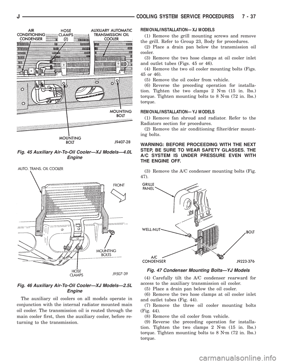 JEEP WRANGLER 1995 Owners Manual Fig. 46 Auxiliary Air-To-Oil CoolerÐXJ ModelsÐ2.5L
Engine
Fig. 47 Condenser Mounting BoltsÐYJ Models
JCOOLING SYSTEM SERVICE PROCEDURES 7 - 37 JEEP WRANGLER 1995 Owners Manual Fig. 46 Auxiliary Air-To-Oil CoolerÐXJ ModelsÐ2.5L
Engine
Fig. 47 Condenser Mounting BoltsÐYJ Models
JCOOLING SYSTEM SERVICE PROCEDURES 7 - 37