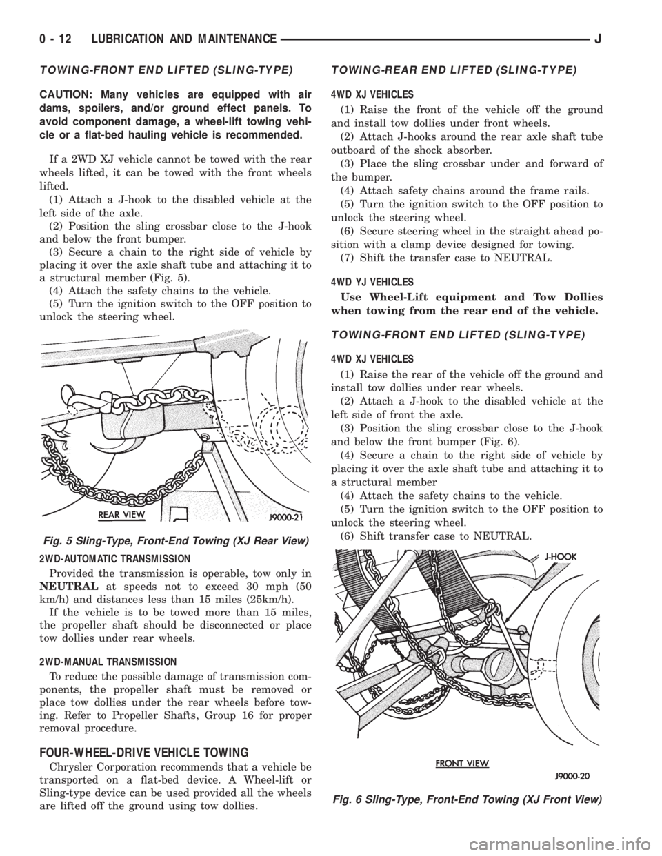 JEEP WRANGLER 1995 Owners Guide Fig. 6 Sling-Type, Front-End Towing (XJ Front View)
0 - 12 LUBRICATION AND MAINTENANCEJ 