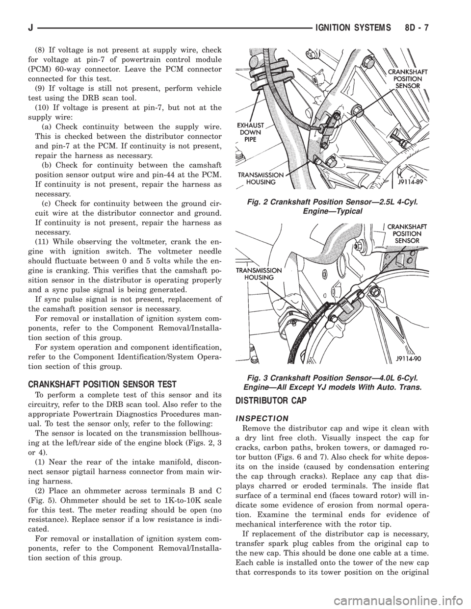 JEEP WRANGLER 1995 User Guide Fig. 3 Crankshaft Position SensorÐ4.0L 6-Cyl.
EngineÐAll Except YJ models With Auto. Trans.
JIGNITION SYSTEMS 8D - 7 JEEP WRANGLER 1995 User Guide Fig. 3 Crankshaft Position SensorÐ4.0L 6-Cyl.
EngineÐAll Except YJ models With Auto. Trans.
JIGNITION SYSTEMS 8D - 7