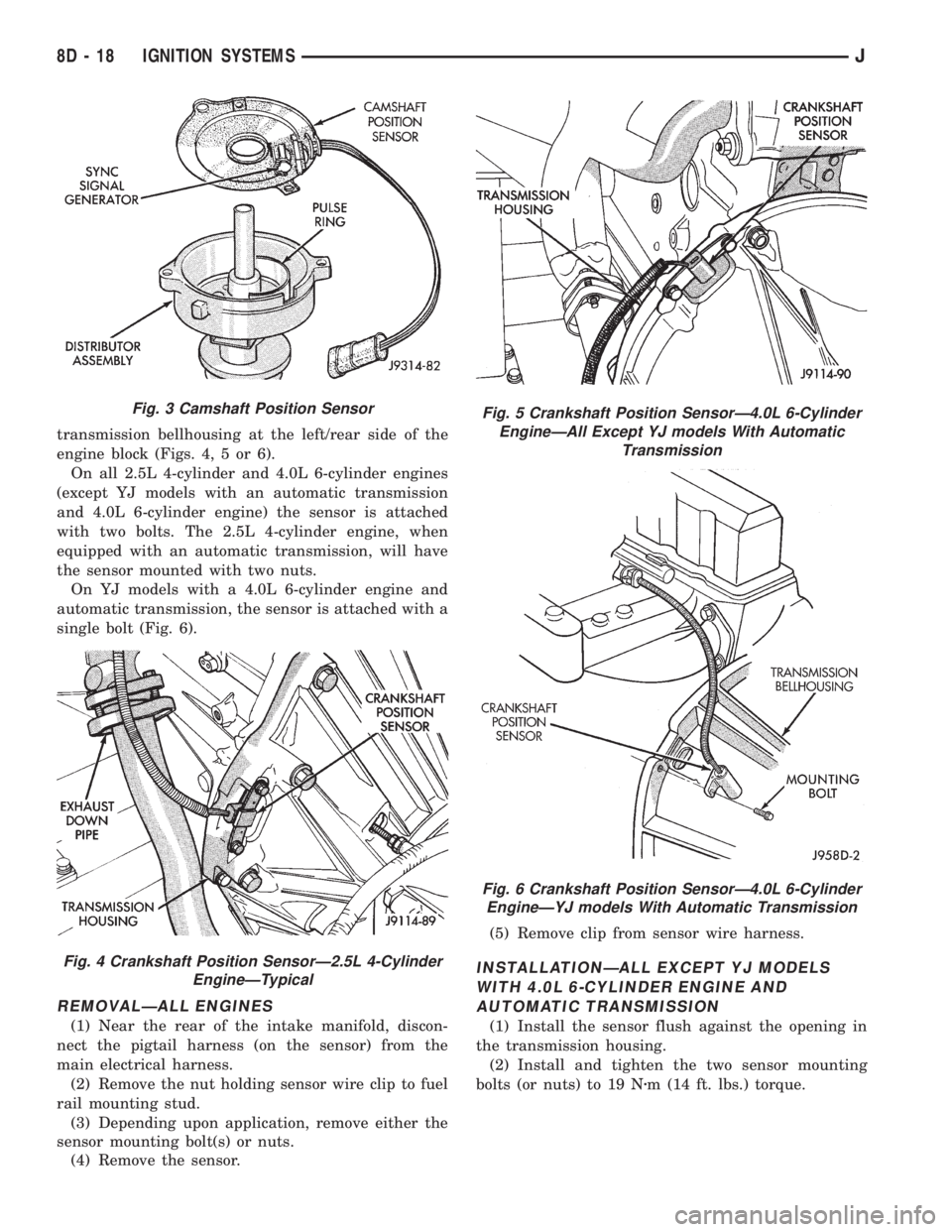 JEEP WRANGLER 1995 Owners Manual Fig. 4 Crankshaft Position SensorÐ2.5L 4-Cylinder
EngineÐTypical
Fig. 5 Crankshaft Position SensorÐ4.0L 6-Cylinder
EngineÐAll Except YJ models With Automatic
Transmission
Fig. 6 Crankshaft Positio JEEP WRANGLER 1995 Owners Manual Fig. 4 Crankshaft Position SensorÐ2.5L 4-Cylinder
EngineÐTypical
Fig. 5 Crankshaft Position SensorÐ4.0L 6-Cylinder
EngineÐAll Except YJ models With Automatic
Transmission
Fig. 6 Crankshaft Positio