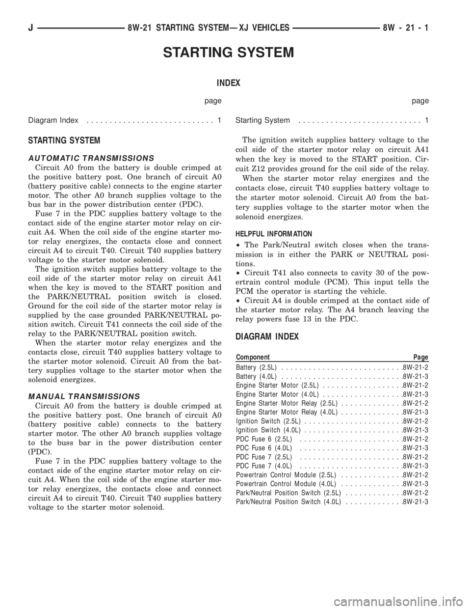 JEEP WRANGLER 1995 Owners Manual Component Page
Battery (2.5L)...........................8W-21-2
Battery (4.0L)...........................8W-21-3
Engine Starter Motor (2.5L)..................8W-21-2
Engine Starter Motor (4.0L)....... JEEP WRANGLER 1995 Owners Manual Component Page
Battery (2.5L)...........................8W-21-2
Battery (4.0L)...........................8W-21-3
Engine Starter Motor (2.5L)..................8W-21-2
Engine Starter Motor (4.0L).......