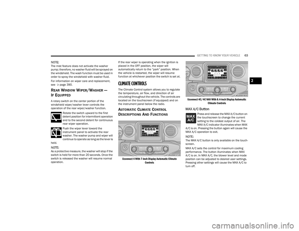 JEEP WRANGLER 4XE JL 2022 Repair Manual 2

22_JL_OM_EN_USC_t.book  Page 63   