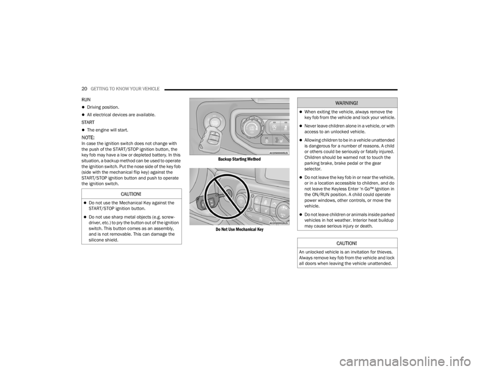JEEP WRANGLER 4XE JL 2021 Owners Manual �:�$�5�1�,�1�*�
When exiting the vehicle, always remove the 
key fob from the vehicle and lock your vehicle.
Never leave children alone in a vehicle, or with 
access to an unlocked vehicle.
