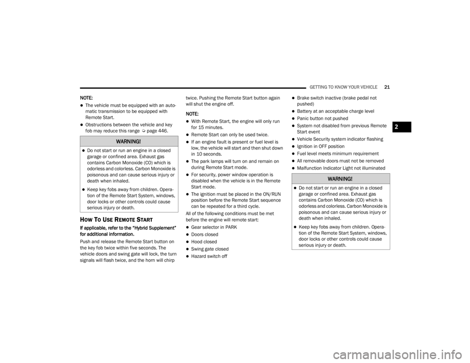 JEEP WRANGLER 2022 Owners Manual �:�$�5�1�,�1�*�
Do not start or run an engine in a closed 
garage or confined area. Exhaust gas 
contains Carbon Monoxide (COyf��Z�K�L�F�K��L�V� 
odorless and colorless. Carbon Monoxide is 
pois
