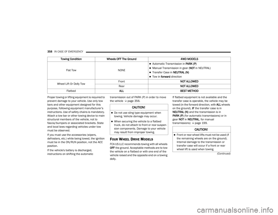 JEEP WRANGLER 2022  Owners Manual �&�$�8�7�,�2�1�
Do not use sling type equipment when 
towing. Vehicle damage may occur.
When securing the vehicle to a flatbed 
truck, do not attach to front or rear suspen-
sion components. Da