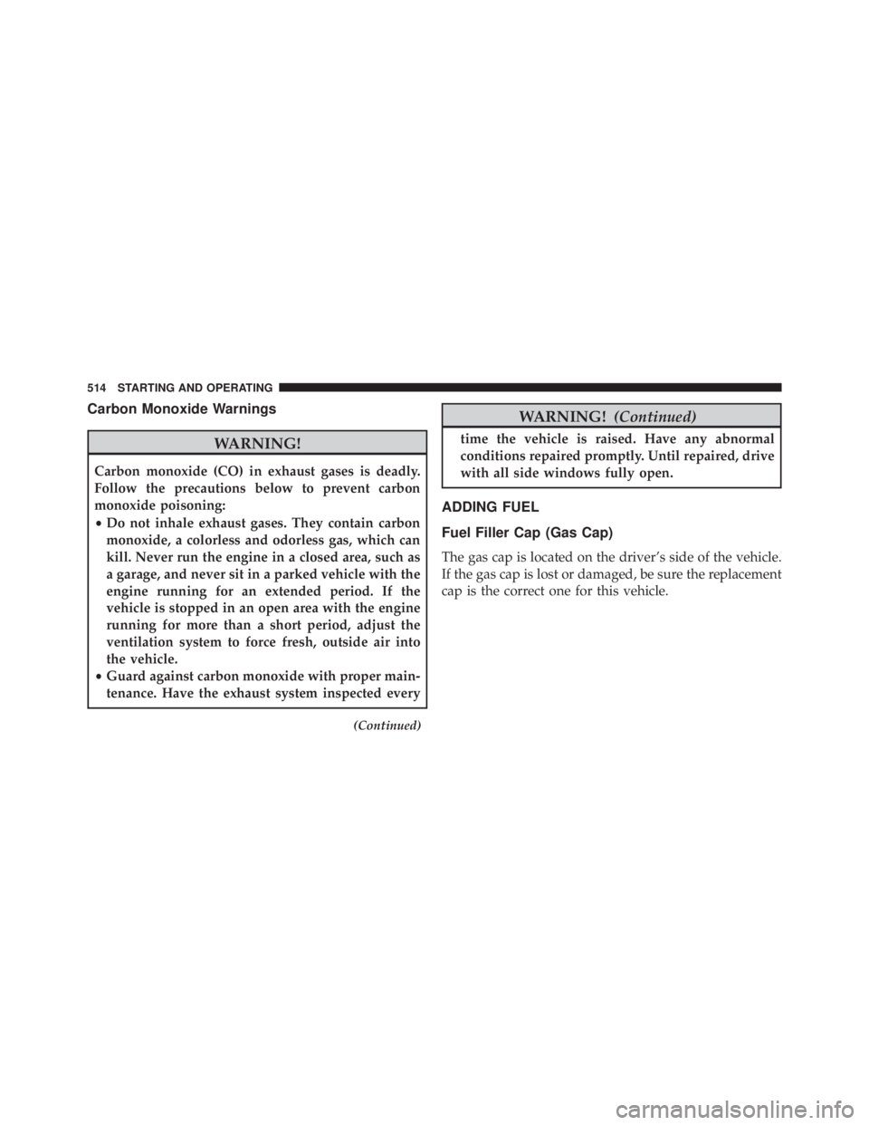 JEEP WRANGLER 2013 Owners Manual Carbon Monoxide Warnings JEEP WRANGLER 2013 Owners Manual Carbon Monoxide Warnings
