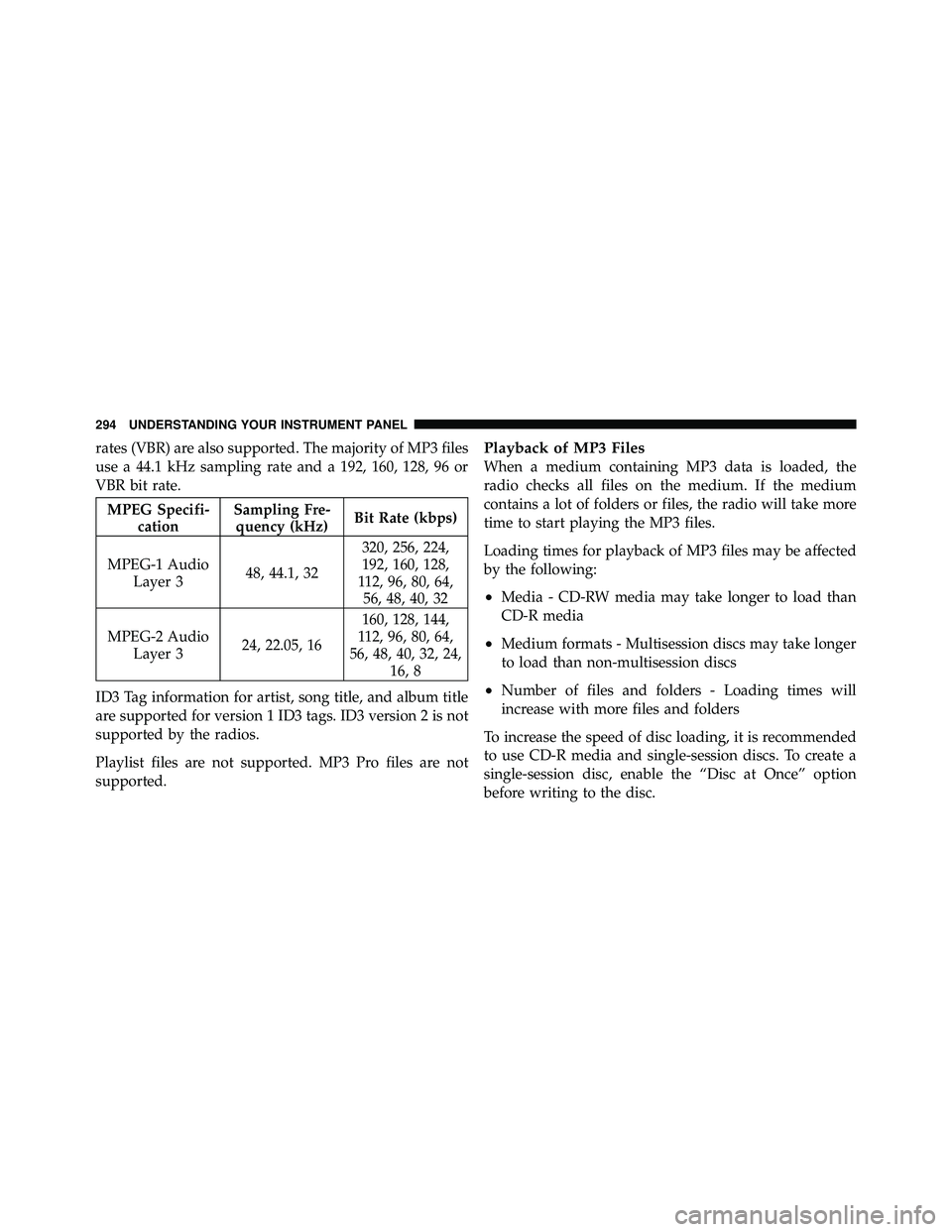 JEEP WRANGLER 2010  Owners Manual rates (VBR) are also supported. The majority of MP3 files
use a 44.1 kHz sampling rate and a 192, 160, 128, 96 or
VBR bit rate. 