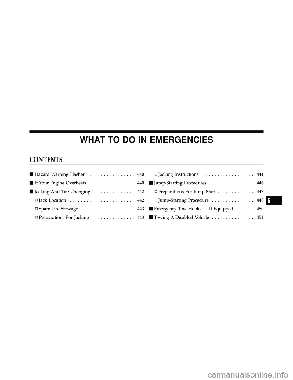 JEEP WRANGLER 2010 Owners Manual WHAT TO DO IN EMERGENCIES
CONTENTS JEEP WRANGLER 2010 Owners Manual WHAT TO DO IN EMERGENCIES
CONTENTS
