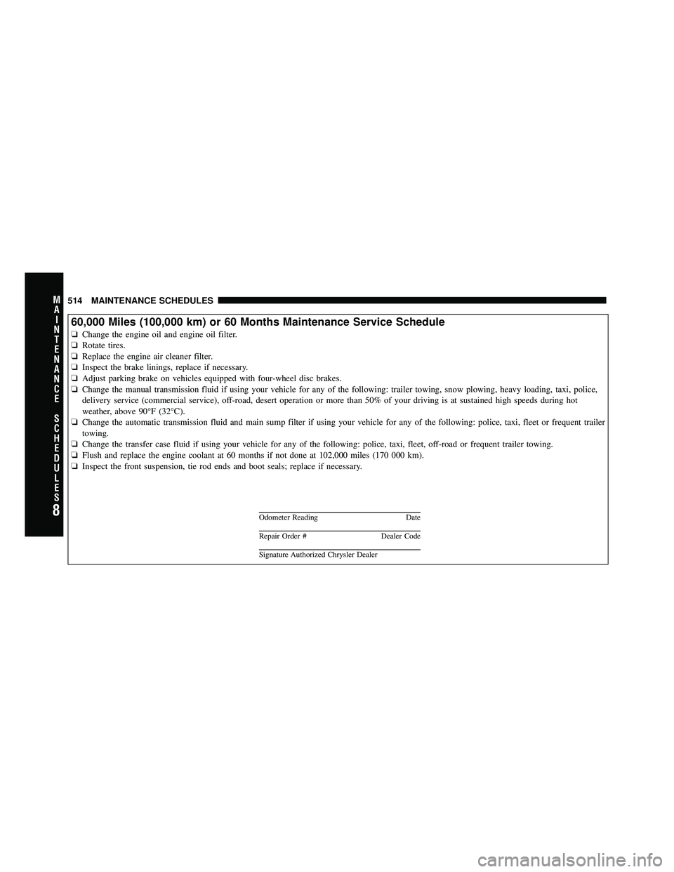 JEEP WRANGLER 2010 Owners Manual 8
MA I
N T
E
N A
N CE
S
C
H E
D
U L
E
S514 MAINTENANCE SCHEDULES JEEP WRANGLER 2010 Owners Manual 8
MA I
N T
E
N A
N CE
S
C
H E
D
U L
E
S514 MAINTENANCE SCHEDULES