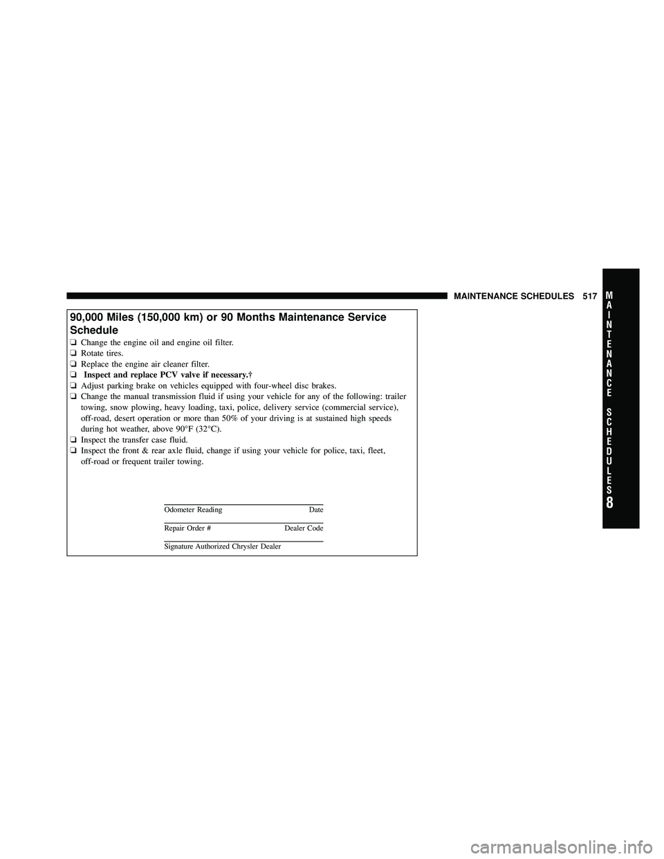 JEEP WRANGLER 2010 Owners Manual 8
MA I
N T
E
N A
N CE
S
C
H E
D
U L
E
SMAINTENANCE SCHEDULES 517 JEEP WRANGLER 2010 Owners Manual 8
MA I
N T
E
N A
N CE
S
C
H E
D
U L
E
SMAINTENANCE SCHEDULES 517
