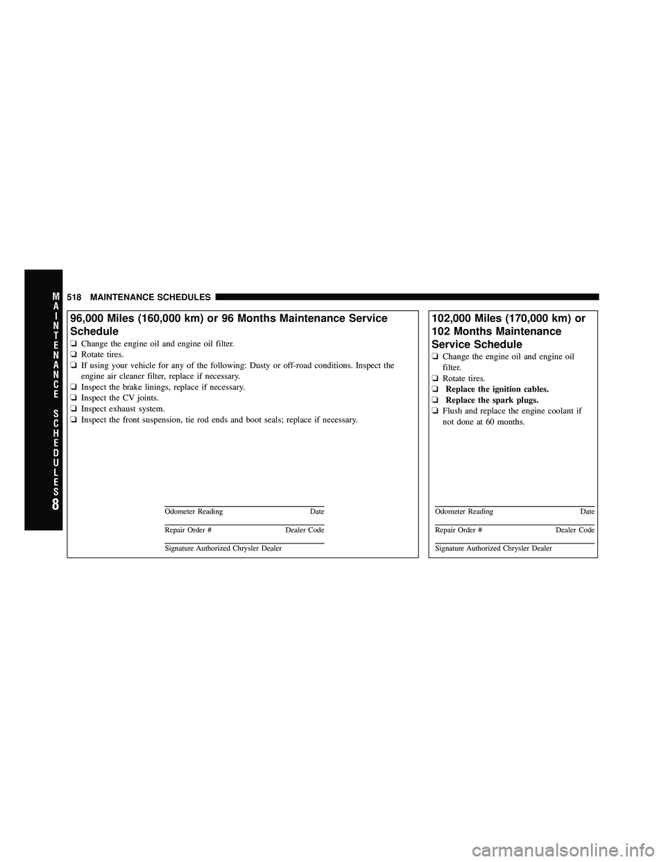 JEEP WRANGLER 2010 Owners Manual 8
MA I
N T
E
N A
N CE
S
C
H E
D
U L
E
S518 MAINTENANCE SCHEDULES JEEP WRANGLER 2010 Owners Manual 8
MA I
N T
E
N A
N CE
S
C
H E
D
U L
E
S518 MAINTENANCE SCHEDULES