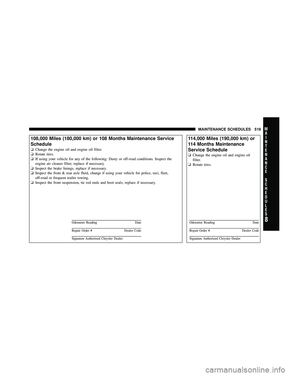 JEEP WRANGLER 2010 Owners Manual 8
MA I
N T
E
N A
N CE
S
C
H E
D
U L
E
SMAINTENANCE SCHEDULES 519 JEEP WRANGLER 2010 Owners Manual 8
MA I
N T
E
N A
N CE
S
C
H E
D
U L
E
SMAINTENANCE SCHEDULES 519