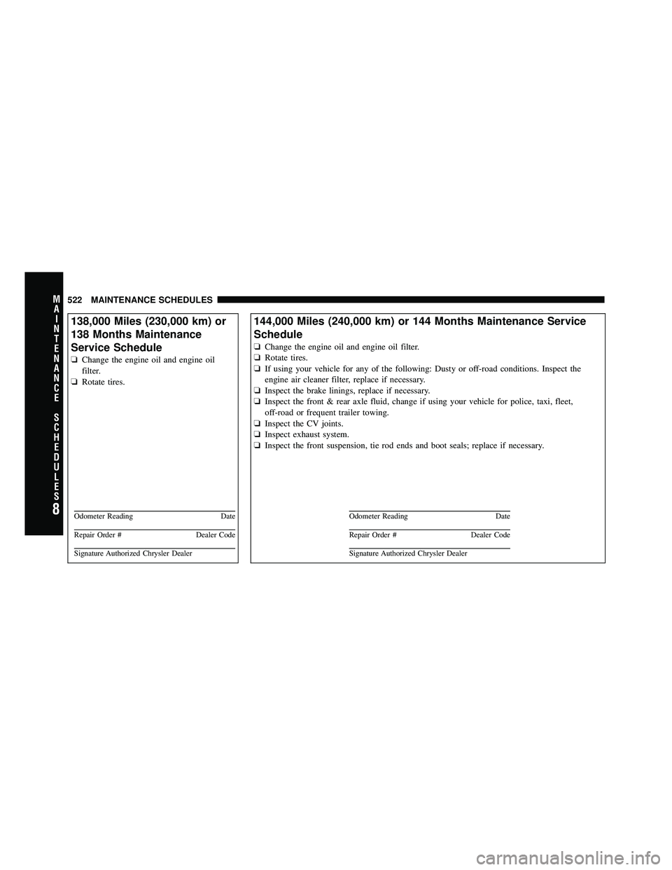 JEEP WRANGLER 2010  Owners Manual 8
MA I
N T
E
N A
N CE
S
C
H E
D
U L
E
S522 MAINTENANCE SCHEDULES 
