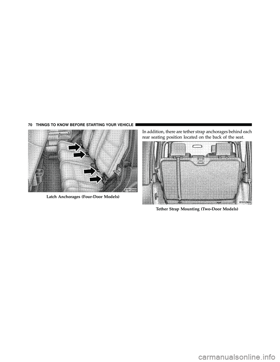 JEEP WRANGLER 2010 Manual PDF In addition, there are tether strap anchorages behind each
rear seating position located on the back of the seat. JEEP WRANGLER 2010 Manual PDF In addition, there are tether strap anchorages behind each
rear seating position located on the back of the seat.