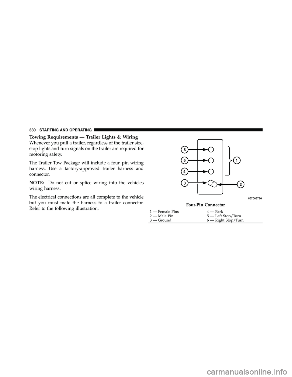 JEEP WRANGLER 2009 Owners Manual Towing Requirements — Trailer Lights & Wiring
Whenever you pull a trailer, regardless of the trailer size,
stop lights and turn signals on the trailer are required for
motoring safety.
The Trailer T JEEP WRANGLER 2009 Owners Manual Towing Requirements — Trailer Lights & Wiring
Whenever you pull a trailer, regardless of the trailer size,
stop lights and turn signals on the trailer are required for
motoring safety.
The Trailer T