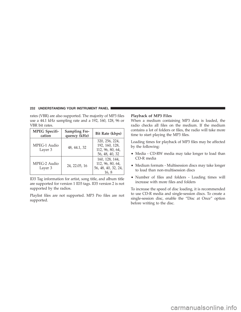JEEP WRANGLER 2008  Owners Manual rates (VBR) are also supported. The majority of MP3 files
use a 44.1 kHz sampling rate and a 192, 160, 128, 96 or
VBR bit rates. 
