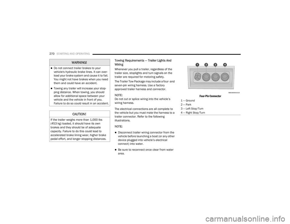 JEEP WRANGLER UNLIMITED SPORT 2020  Owners Manual 
WARNING!
Do not connect trailer brakes to your 
vehicle's hydraulic brake lines. It can over-
load your brake system and cause it to fail. 
You might not have brakes when you need 
them and co