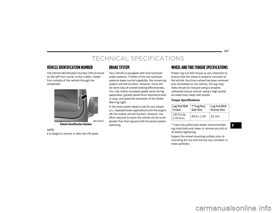 JEEP WRANGLER UNLIMITED SPORT 2020  Owners Manual TEC�\b��	���\f SPECIFICATIONS
VE�\b�	��\fE IDENTIFICATION NUMBER 
The Vehicle Identification Number (VINyf��L�V��I�R�X�Q�G� 
on the left front corner of the A pillar, visible 
from outside of th