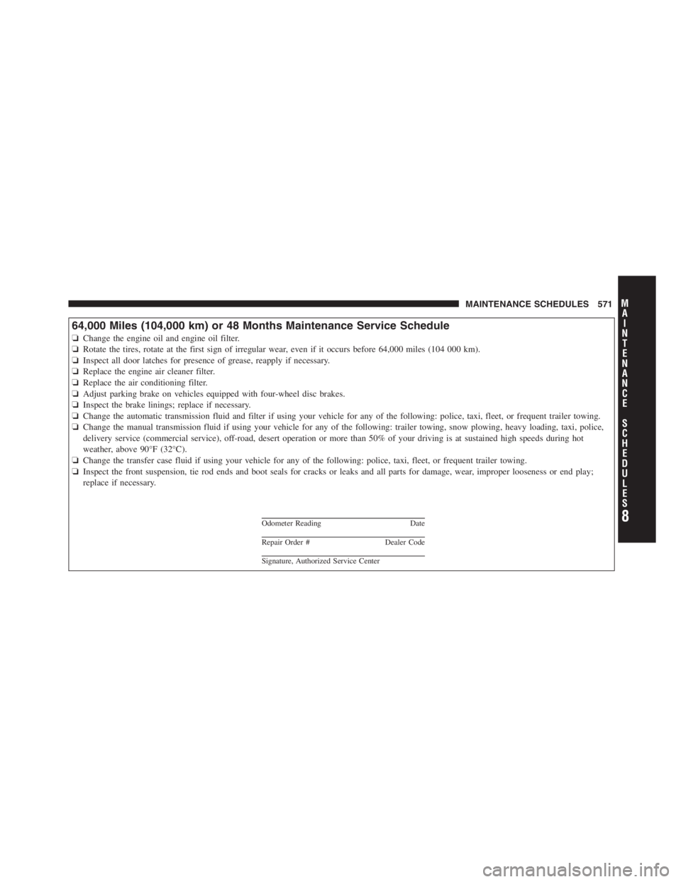 JEEP WRANGLER UNLIMITED 2011 Owners Manual 8
MA I
N T
E
N A
N CE
S
C
H E
D
U L
E
SMAINTENANCE SCHEDULES 571 JEEP WRANGLER UNLIMITED 2011 Owners Manual 8
MA I
N T
E
N A
N CE
S
C
H E
D
U L
E
SMAINTENANCE SCHEDULES 571