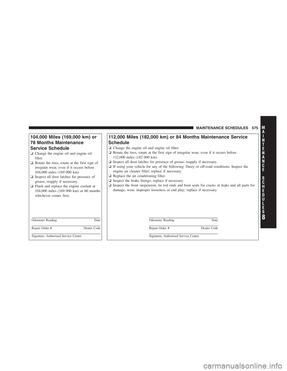 JEEP WRANGLER UNLIMITED 2011 Owners Manual 8
MA I
N T
E
N A
N CE
S
C
H E
D
U L
E
SMAINTENANCE SCHEDULES 575 JEEP WRANGLER UNLIMITED 2011 Owners Manual 8
MA I
N T
E
N A
N CE
S
C
H E
D
U L
E
SMAINTENANCE SCHEDULES 575