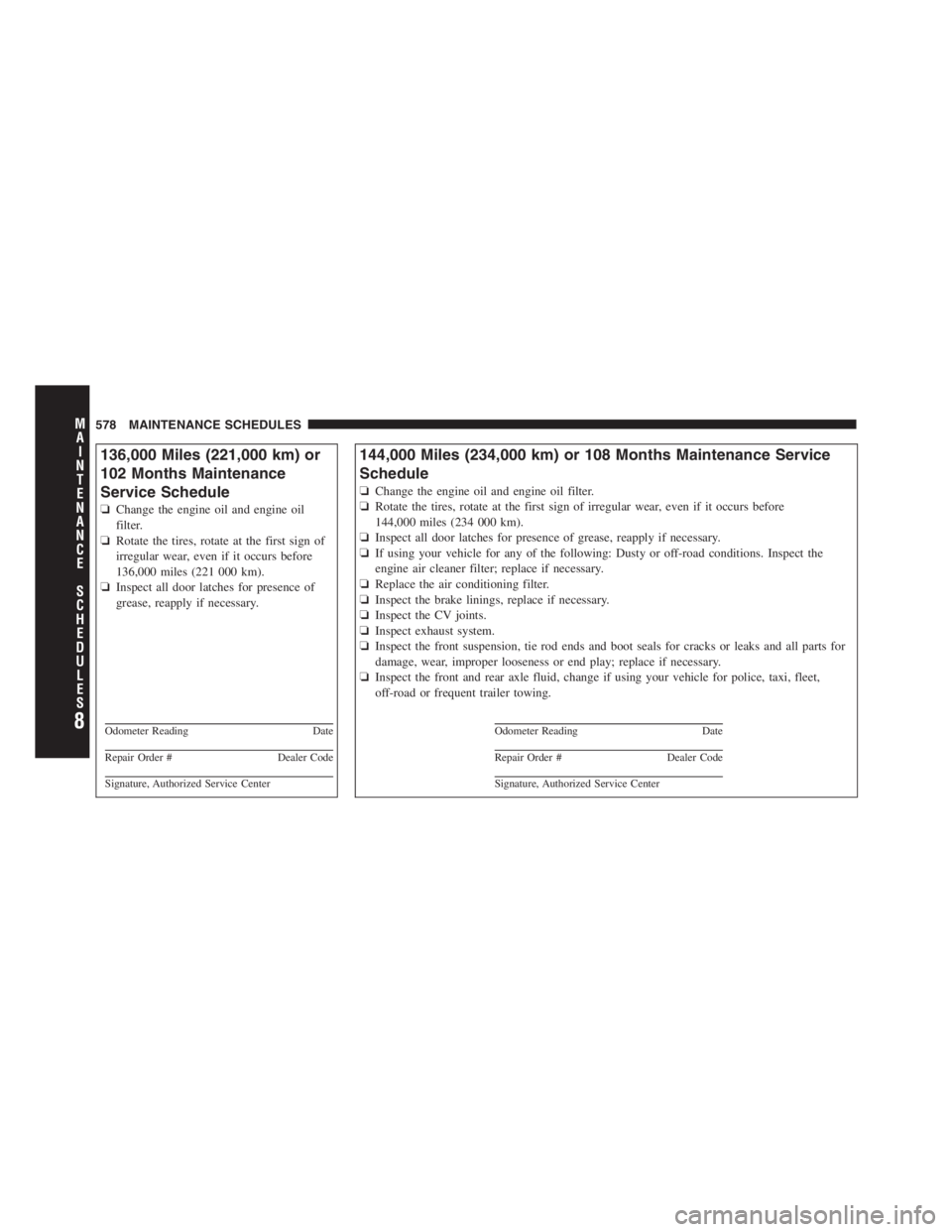 JEEP WRANGLER UNLIMITED 2011 Owners Manual 8
MA I
N T
E
N A
N CE
S
C
H E
D
U L
E
S578 MAINTENANCE SCHEDULES JEEP WRANGLER UNLIMITED 2011 Owners Manual 8
MA I
N T
E
N A
N CE
S
C
H E
D
U L
E
S578 MAINTENANCE SCHEDULES