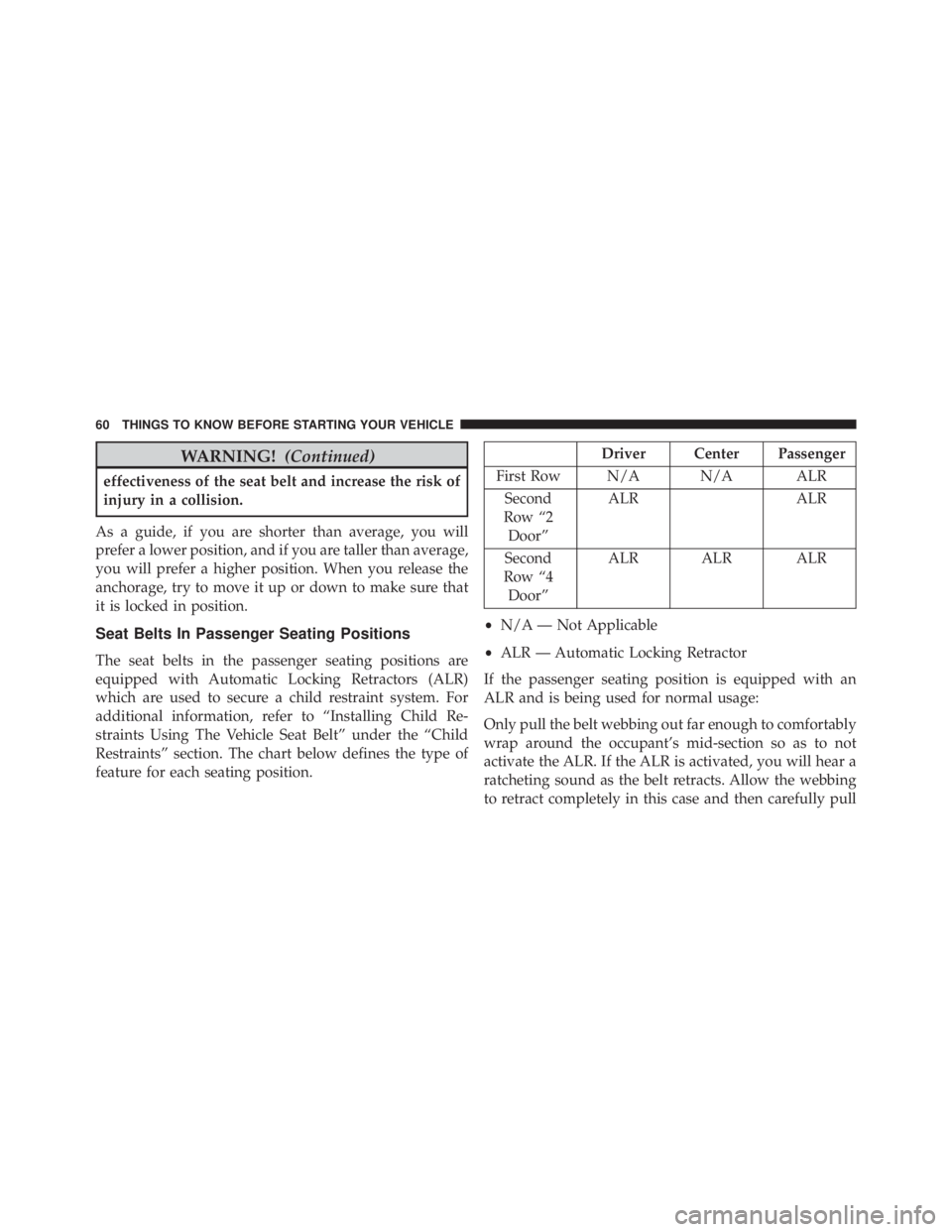 JEEP WRANGLER UNLIMITED SAHARA 2014 Repair Manual WARNING!(Continued)
effectiveness of the seat belt and increase the risk of
injury in a collision.
As a guide, if you are shorter than average, you will
prefer a lower position, and if you are taller 