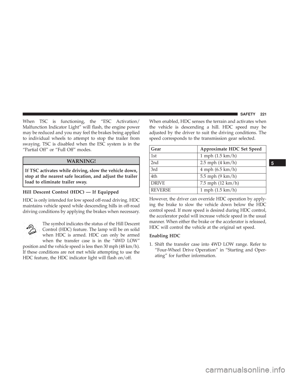 JEEP WRANGLER UNLIMITED SPORT 2016  Owners Manual When TSC is functioning, the “ESC Activation/
Malfunction Indicator Light” will flash, the engine power
may be reduced and you may feel the brakes being applied
to individual wheels to attempt to 