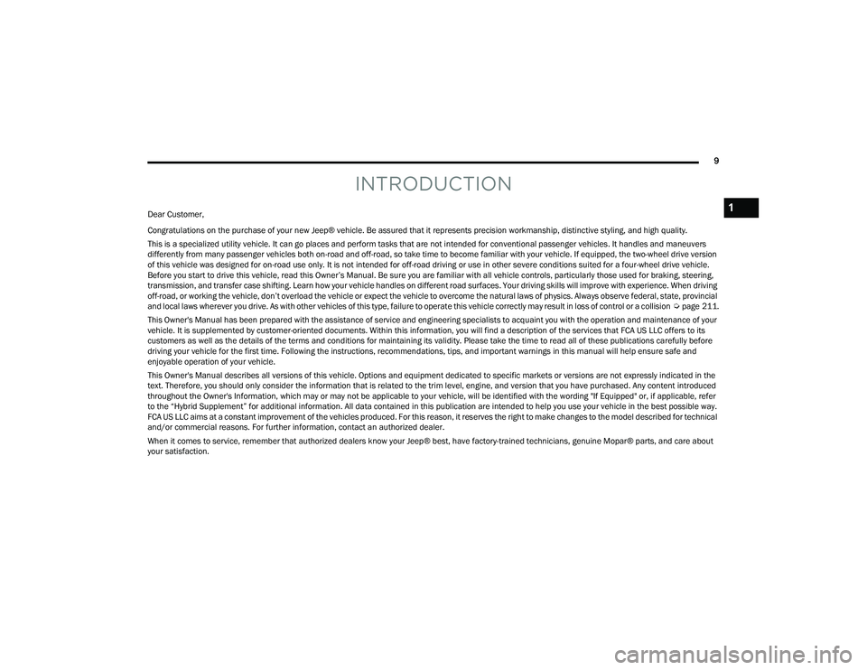 JEEP WRANGLER 4XE 2021 User Guide 1

21_JL_OM_EN_USC_t.book  Page 9   