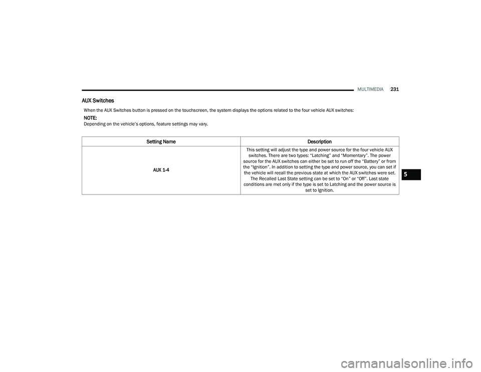 JEEP WRANGLER 4XE 2021  Owners Manual 5

21_JL_OM_EN_USC_t.book  Page 231   