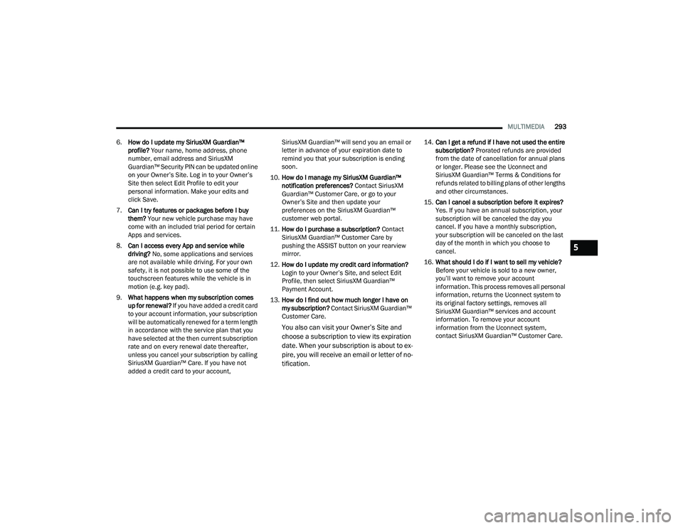 JEEP WRANGLER 4XE 2021  Owners Manual 5

21_JL_OM_EN_USC_t.book  Page 293   