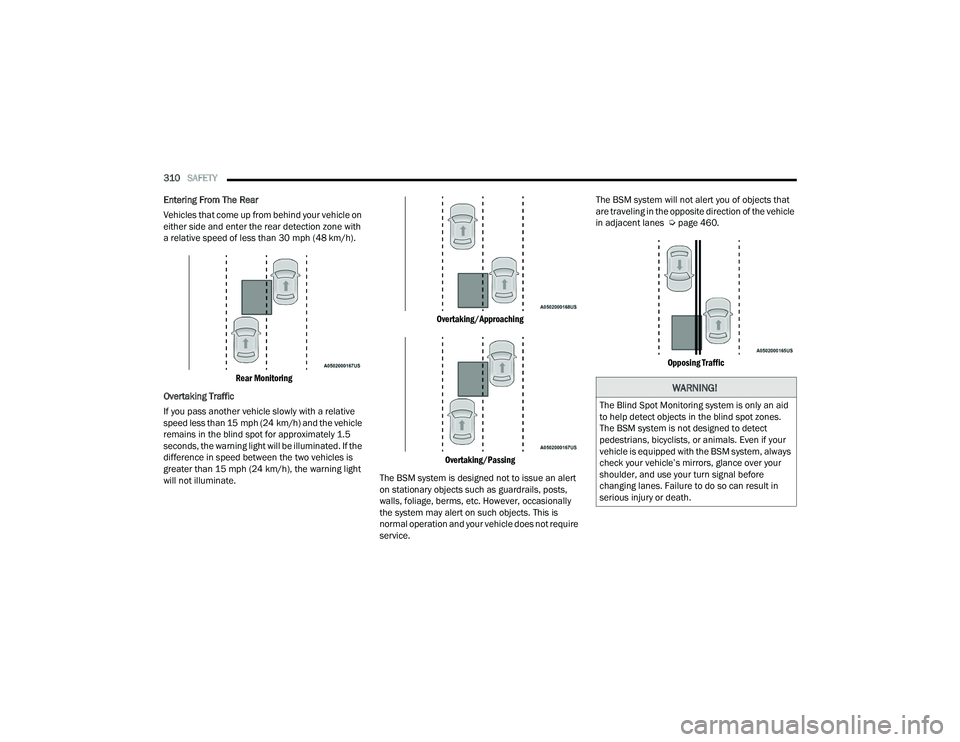 JEEP WRANGLER 4XE 2021  Owners Manual 
WARNING!
The Blind Spot Monitoring system is only an aid 
to help detect objects in the blind spot zones. 
The BSM system is not designed to detect 
pedestrians, bicyclists, or animals. Even if your 