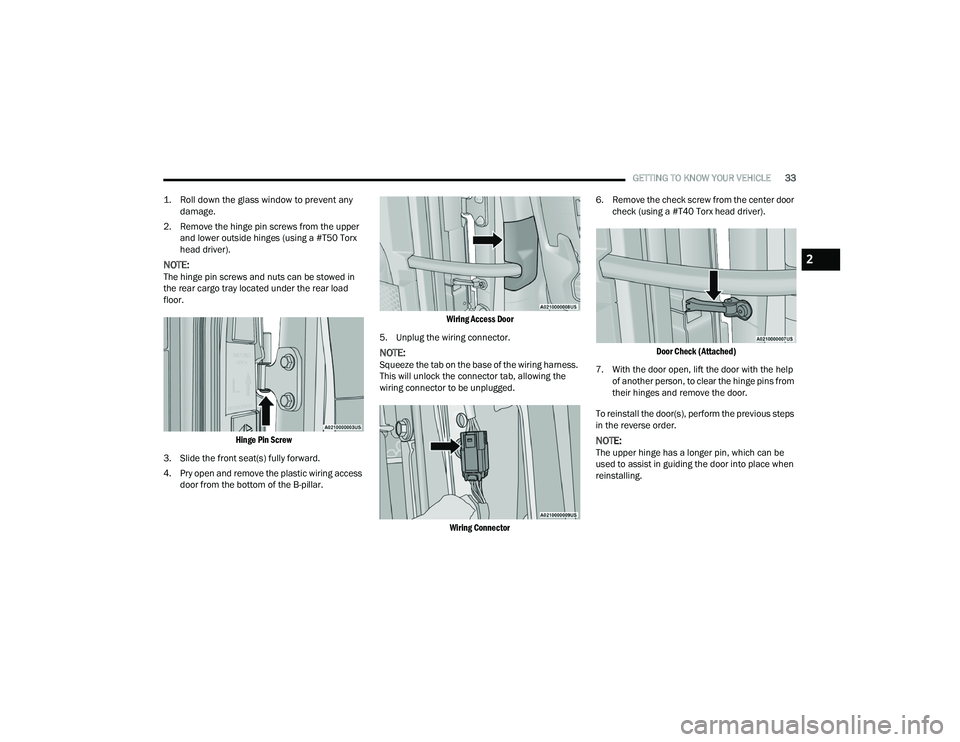 JEEP WRANGLER 4XE 2021 Owners Guide 2

21_JL_OM_EN_USC_t.book  Page 33   