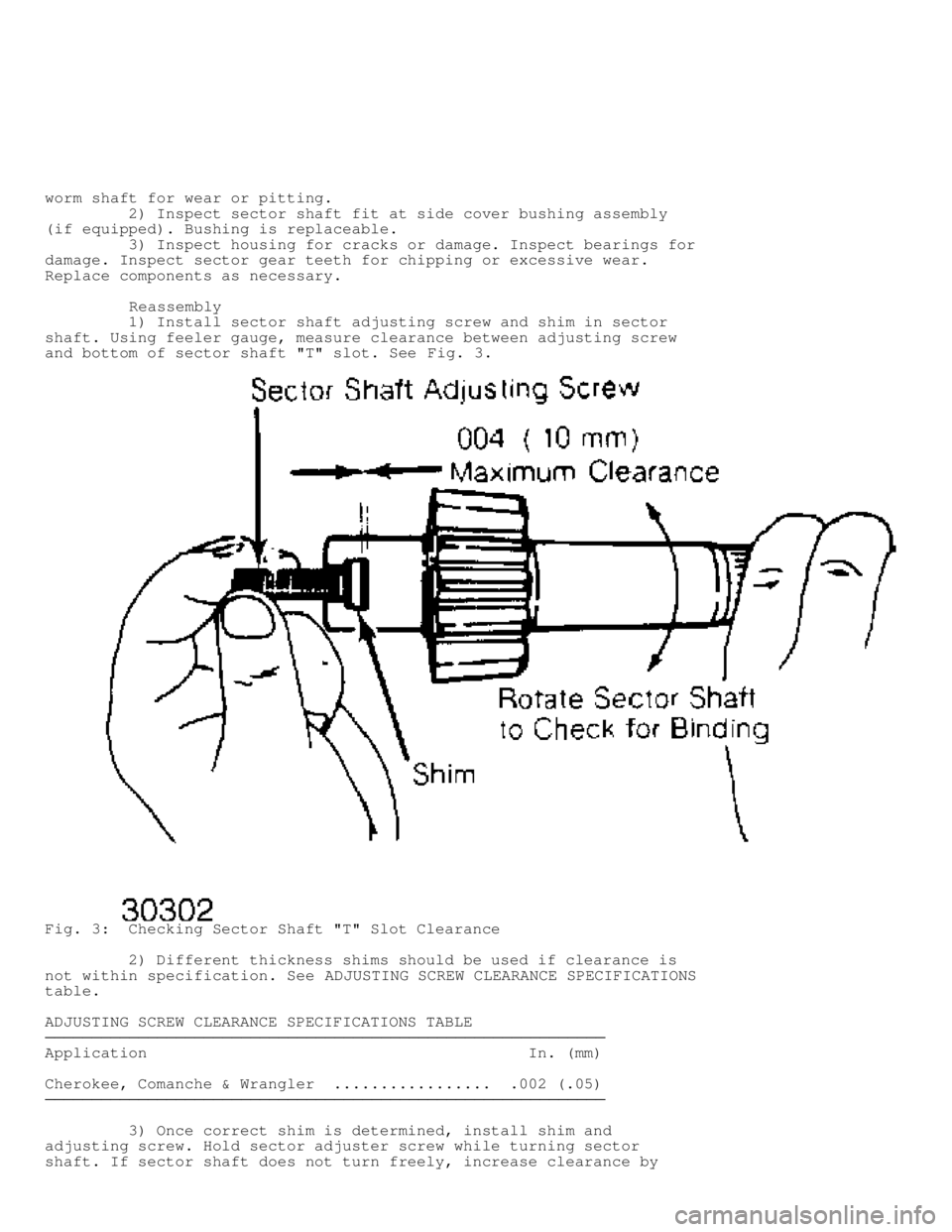 JEEP CHEROKEE 1988 Service Repair Manual worm shaft for wear or pitting.
2) Inspect sector shaft fit at side cover bushing assembly
(if equipped). Bushing is replaceable.
3) Inspect housing for cracks or damage. Inspect bea JEEP CHEROKEE 1988 Service Repair Manual worm shaft for wear or pitting.
2) Inspect sector shaft fit at side cover bushing assembly
(if equipped). Bushing is replaceable.
3) Inspect housing for cracks or damage. Inspect bea