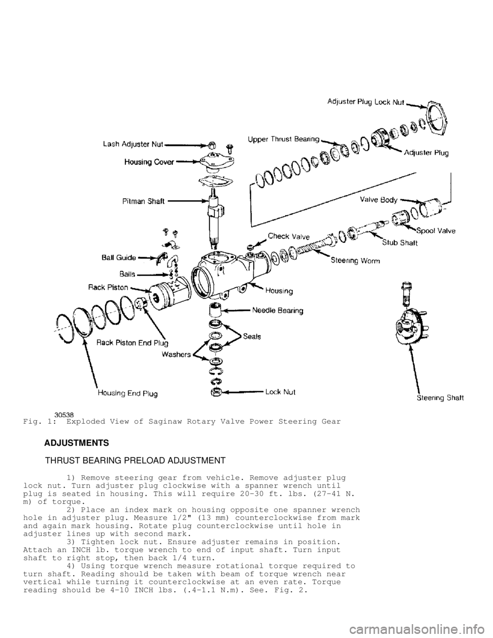 JEEP CHEROKEE 1988  Service Repair Manual Fig. 1:  Exploded View of Saginaw Rotary Valve Power Steering Gear
         ADJUSTMENTS
          THRUST BEARING PRELOAD ADJUSTMENT
         1) Remove steering gear from vehicle. Remove adjuster plug
