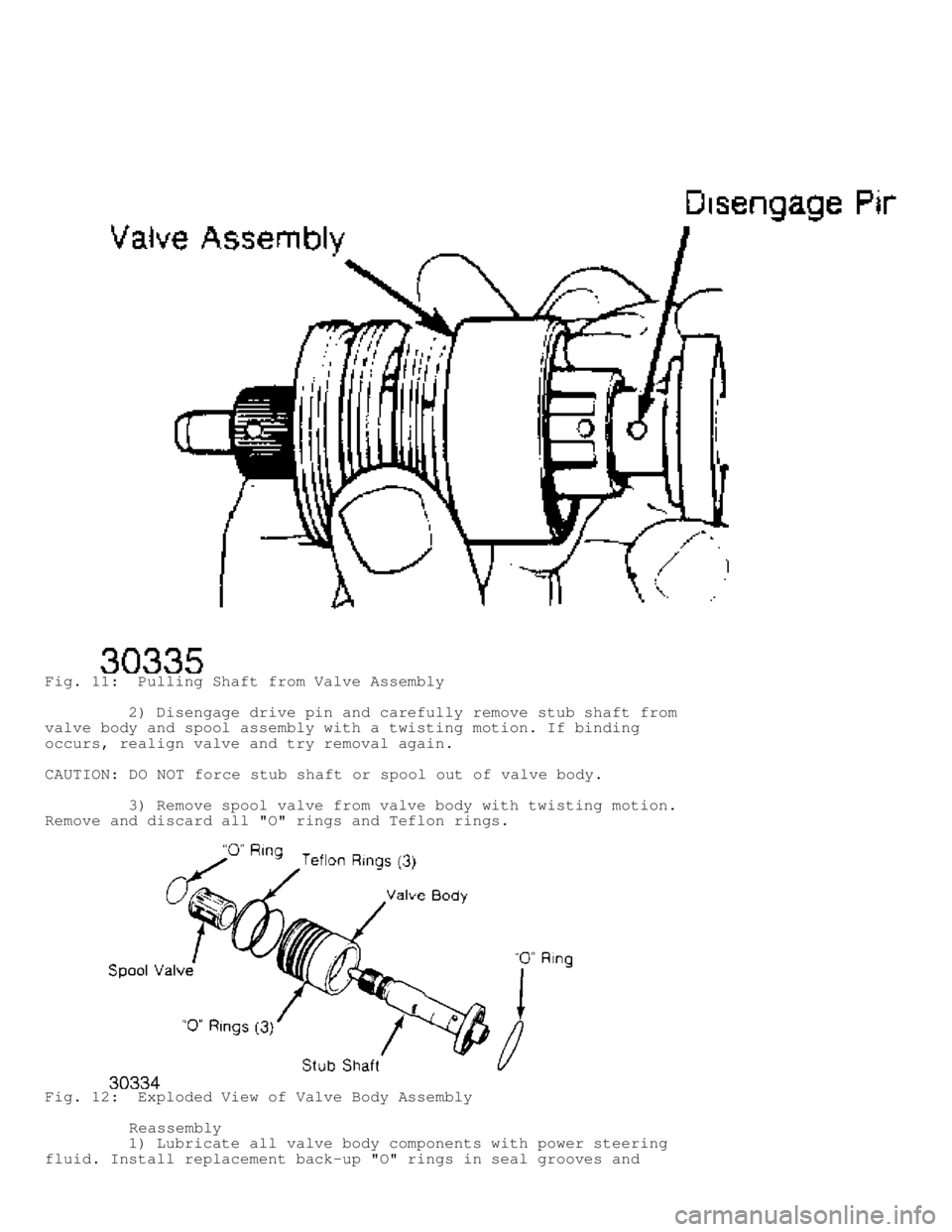 JEEP CHEROKEE 1988 Service Repair Manual Fig. 11: Pulling Shaft from Valve Assembly
2) Disengage drive pin and carefully remove stub shaft from
valve body and spool assembly with a twisting motion. If binding
occurs, realign valve JEEP CHEROKEE 1988 Service Repair Manual Fig. 11: Pulling Shaft from Valve Assembly
2) Disengage drive pin and carefully remove stub shaft from
valve body and spool assembly with a twisting motion. If binding
occurs, realign valve