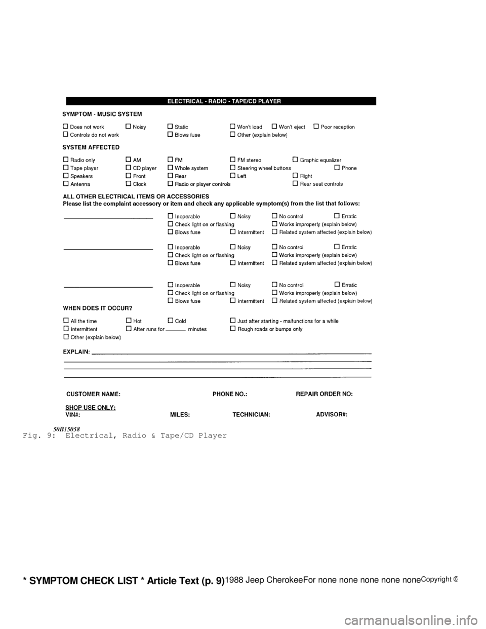 JEEP CHEROKEE 1988  Service Repair Manual * S YM PTO M  C HEC K L IS T *  A rtic le  T ext ( p . 9 )1
988 J e ep C hero ke eF or n one n one n one n o ne  n oneC opyrig ht ©  
Fig. 9:  Electrical, Radio & Tape/CD Player                      