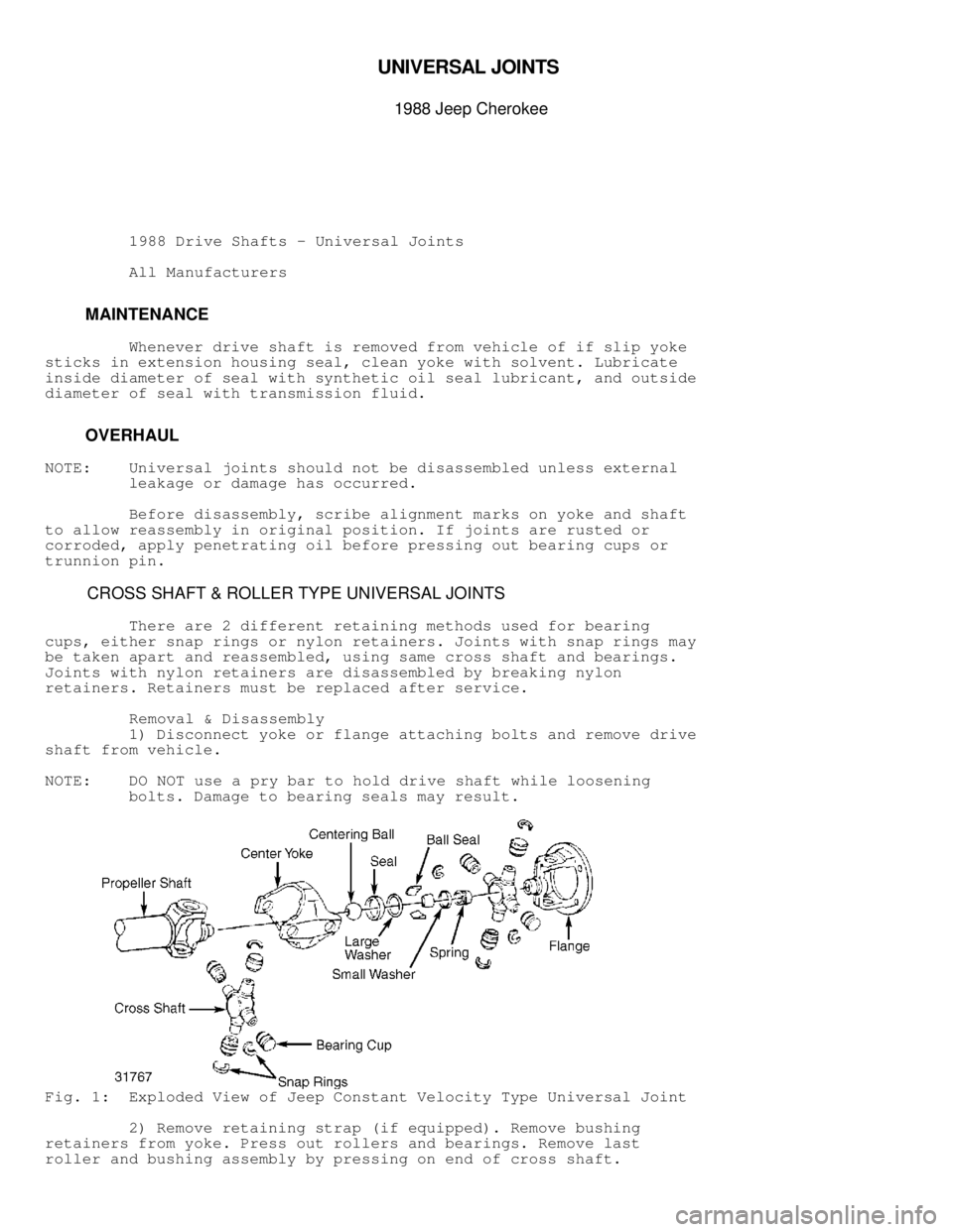 JEEP CHEROKEE 1988  Service Repair Manual UNIV ER SA L J O IN TS  

1988 J e ep C hero ke e
          1988 Drive Shafts - Universal Joints
          All Manufacturers
         MAINTENANCE
         Whenever drive shaft is removed from vehicle