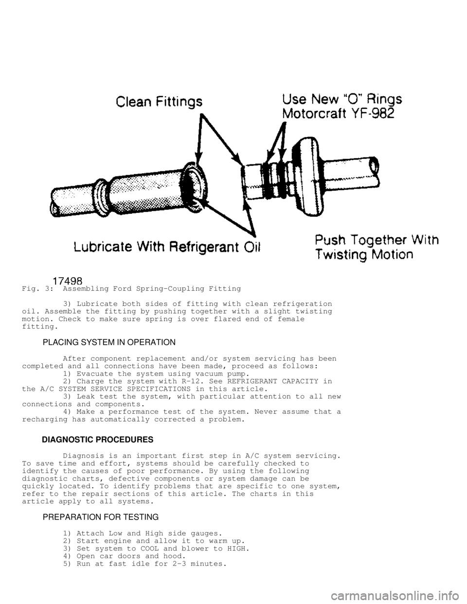 JEEP CHEROKEE 1988  Service Repair Manual Fig. 3:  Assembling Ford Spring-Coupling Fitting
         3) Lubricate both sides of fitting with clean refrigeration
oil. Assemble the fitting by pushing together with a slight twisting
motion. Check