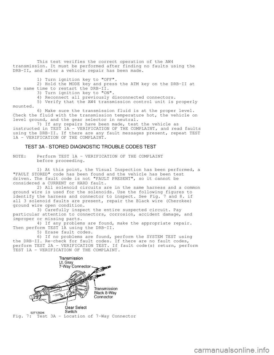 JEEP CHEROKEE 1988  Service Repair Manual          This test verifies the correct operation of the AW4
transmission. It must be performed after finding no faults using the
DRB-II, and after a vehicle repair has been made.
         1) Turn ign