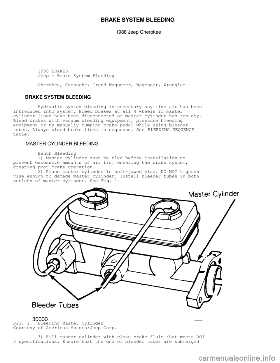 JEEP CHEROKEE 1988  Service Repair Manual BRAK E S YSTE M  B LE ED IN G  

1988 J e ep C hero ke e
          1988 BRAKES
          Jeep - Brake System Bleeding
          Cherokee, Comanche, Grand Wagoneer, Wagoneer, Wrangler
         BRAKE S