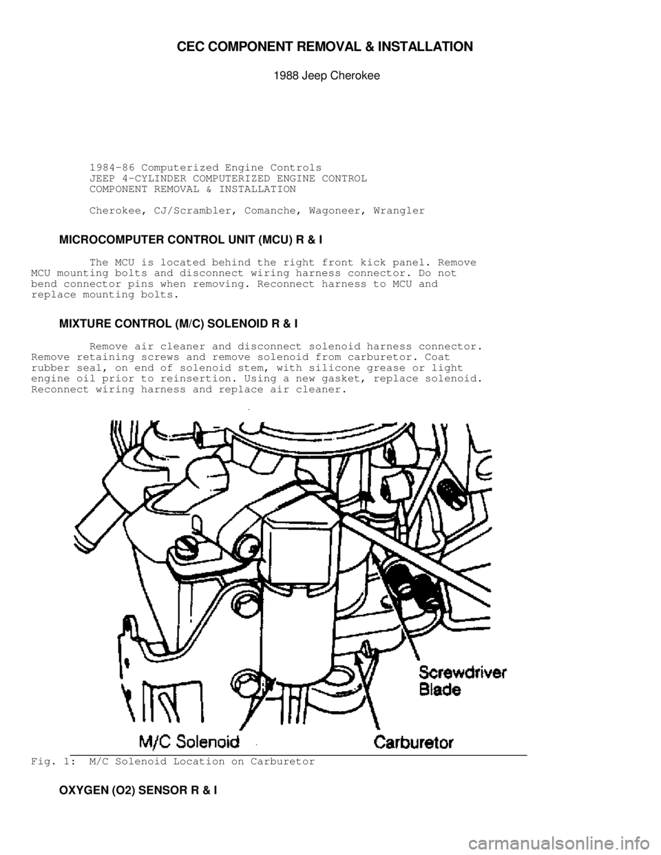 JEEP CHEROKEE 1988  Service Repair Manual CEC  C O M PO NEN T R EM OVA L &  IN STA LLA TIO N 

1988 J e ep C hero ke e
          1984-86 Computerized Engine Controls
          JEEP 4-CYLINDER COMPUTERIZED ENGINE CONTROL
          COMPONENT R