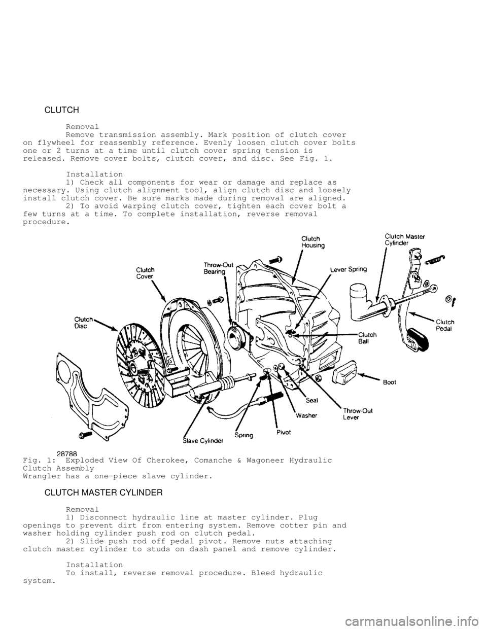 JEEP CHEROKEE 1988  Service Repair Manual          CLUTCH
          Removal
         Remove transmission assembly. Mark position of clutch cover
on flywheel for reassembly reference. Evenly loosen clutch cover bolts
one or 2 turns at a time u