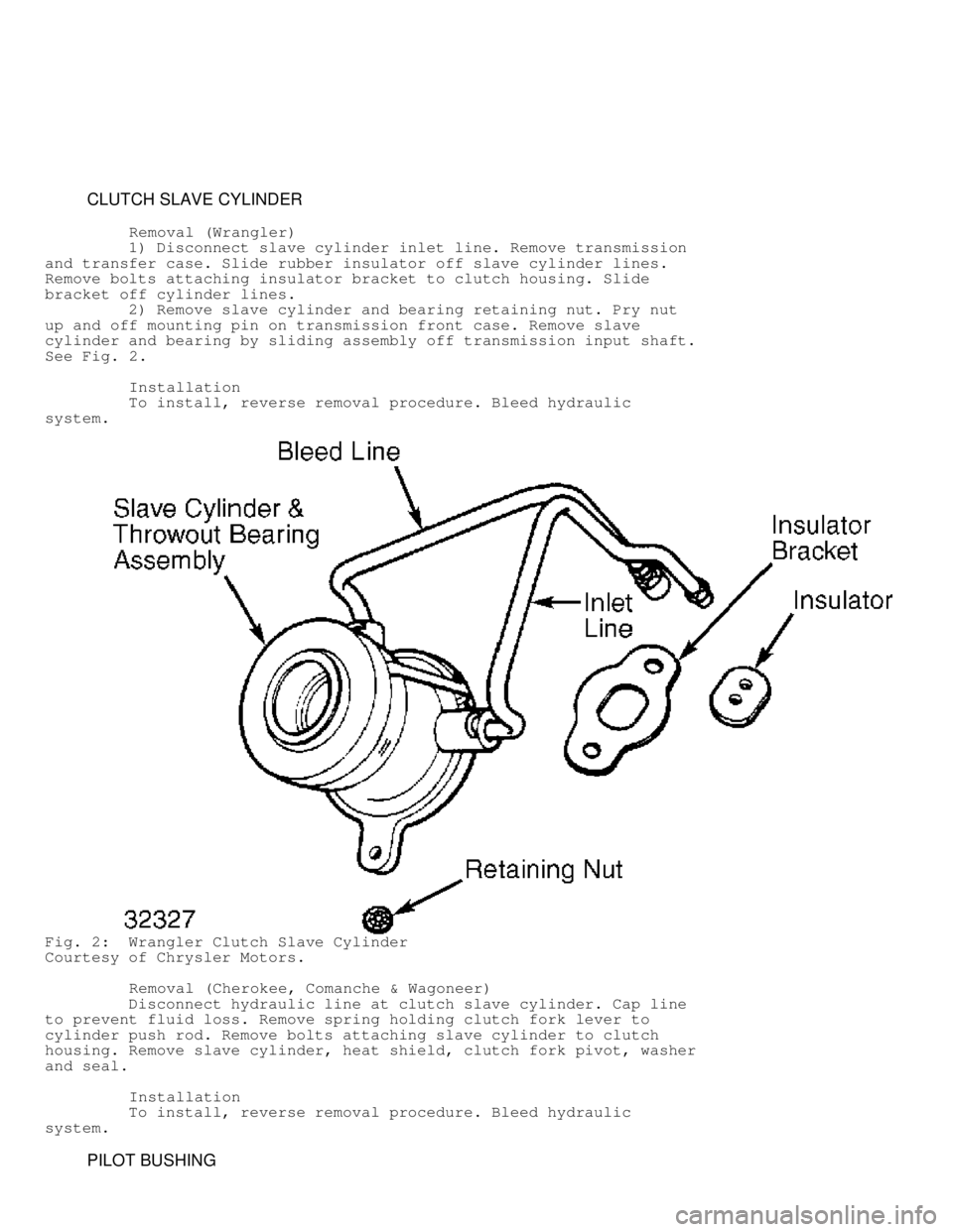 JEEP CHEROKEE 1988  Service Repair Manual          CLUTCH SLAVE CYLINDER
          Removal (Wrangler)
         1) Disconnect slave cylinder inlet line. Remove transmission
and transfer case. Slide rubber insulator off slave cylinder lines.
Re
